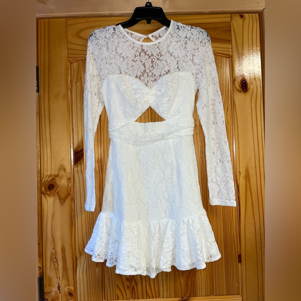 Selfie Leslie White Long Sleeve Lace Cut Out Dress